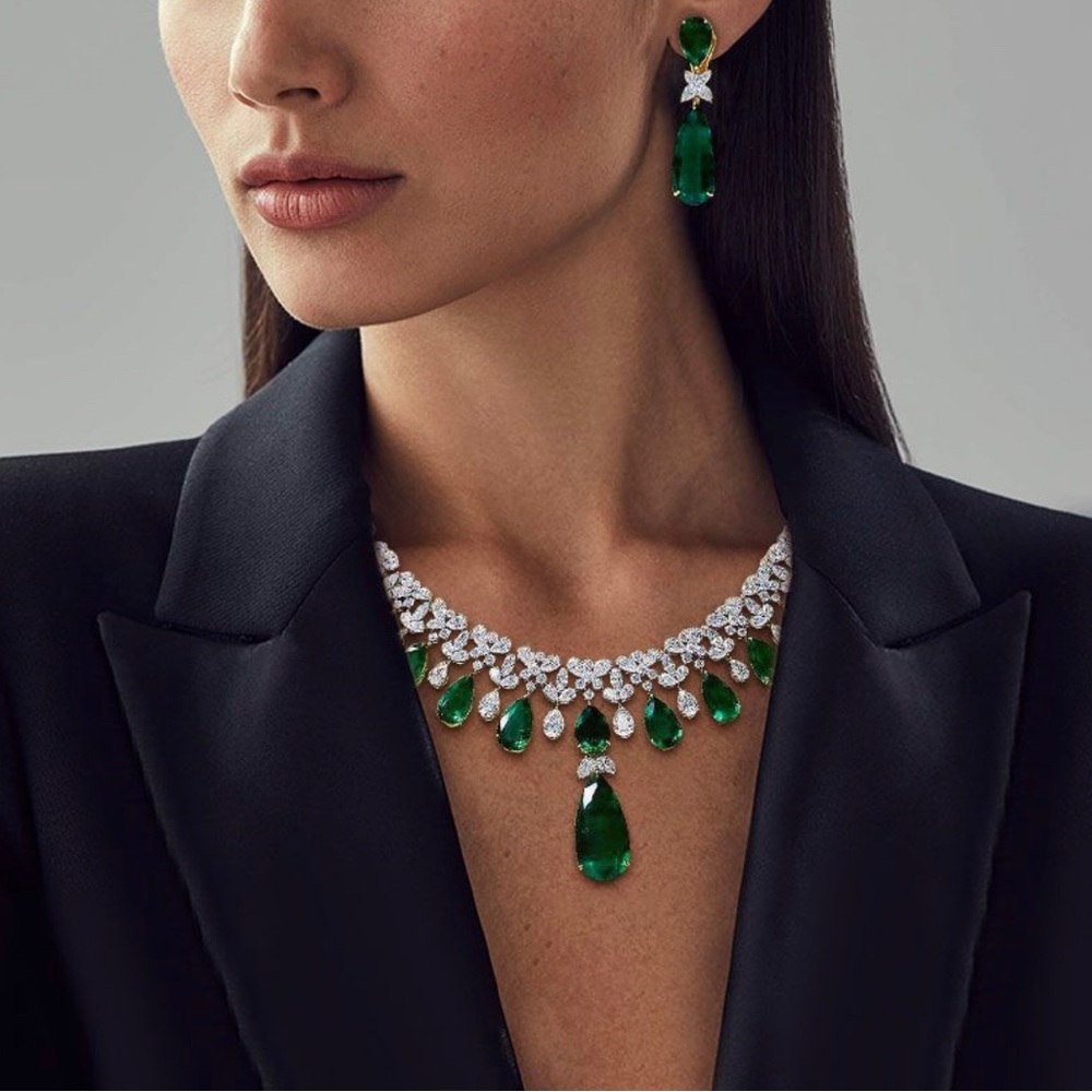 Nextnecklace Pear Cut Emerald Sapphire Necklace 925 Sterling Silver - Picture 2 of 5